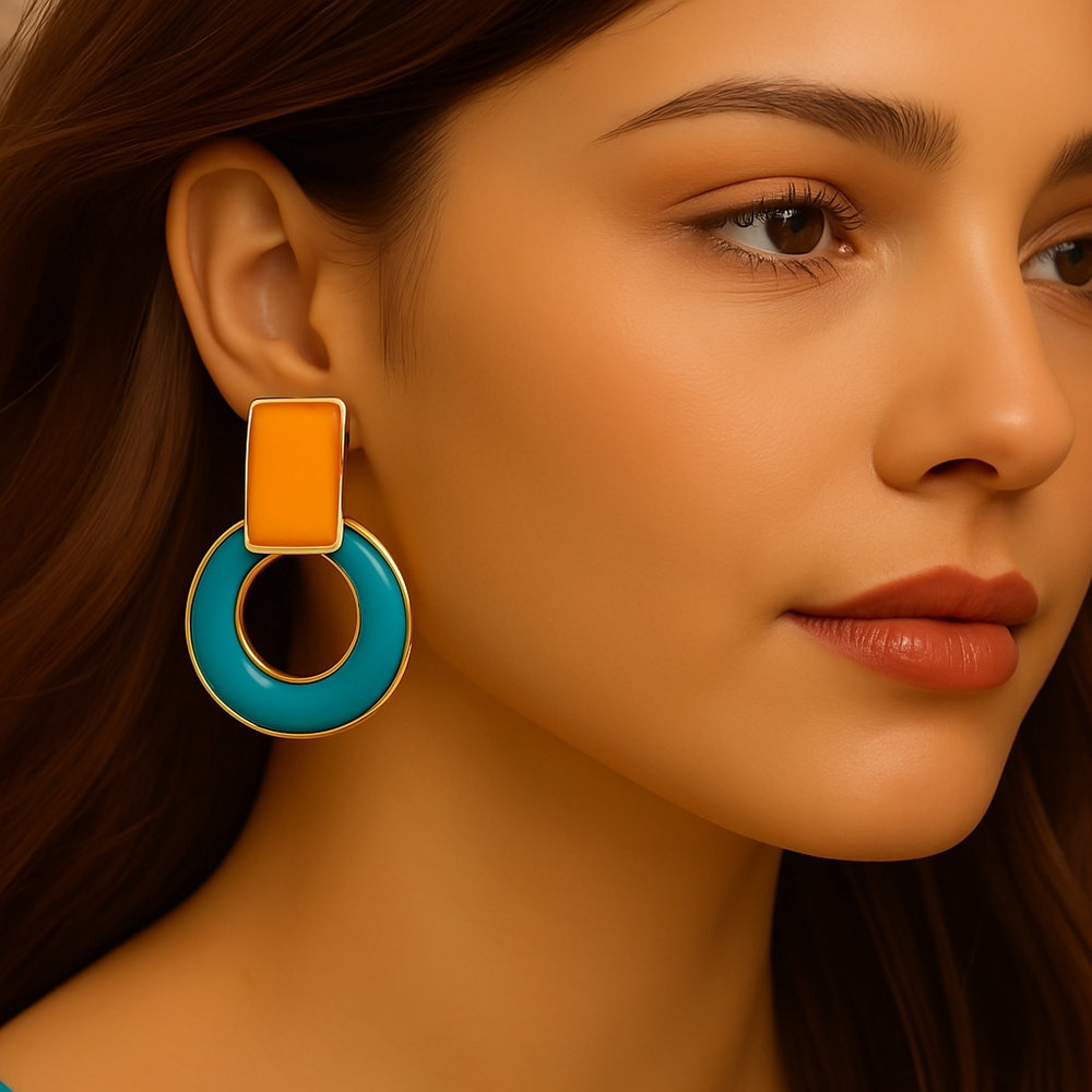 Chunky Gold Turquoise Enamel Hoop Earrings – Clip-On Women’s Fashion Jewelry